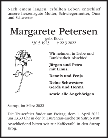 Traueranzeige von Margarete Petersen von Flensburger Tageblatt