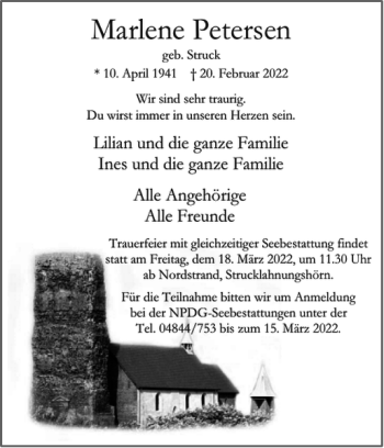 Traueranzeige von Marlene Petersen von Husumer Nachrichten