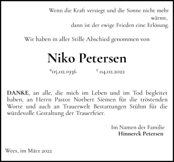 Traueranzeige von Niko Petersen von Flensburger Tageblatt