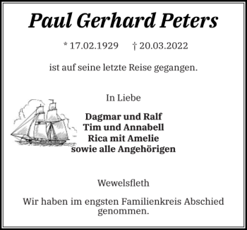 Traueranzeige von Paul Gerhard Peters von Norddeutsche Rundschau