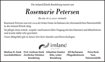 Traueranzeige von Rosemarie Petersen von Landeszeitung