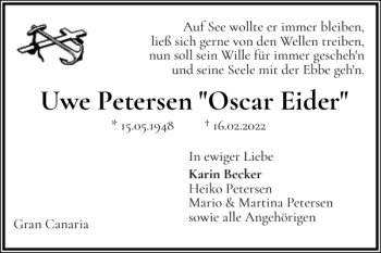 Traueranzeige von Uwe Petersen Oscar Eider von Landeszeitung