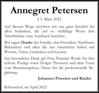 Traueranzeige von Annegret Petersen von Husumer Nachrichten