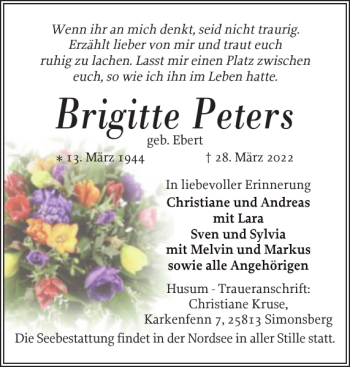 Traueranzeige von Brigitte Peters von Husumer Nachrichten