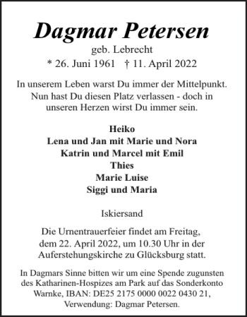 Traueranzeige von Dagmar Petersen von Flensburger Tageblatt