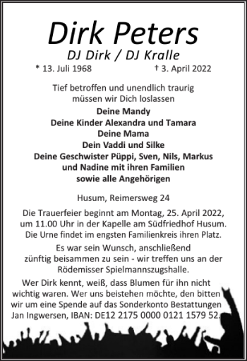 Traueranzeige von Dirk Peters von Husumer Nachrichten