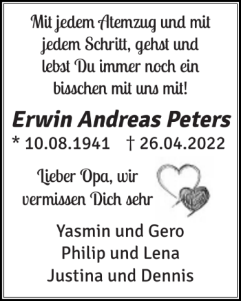 Traueranzeige von Erwin Andreas Peters von Husumer Nachrichten