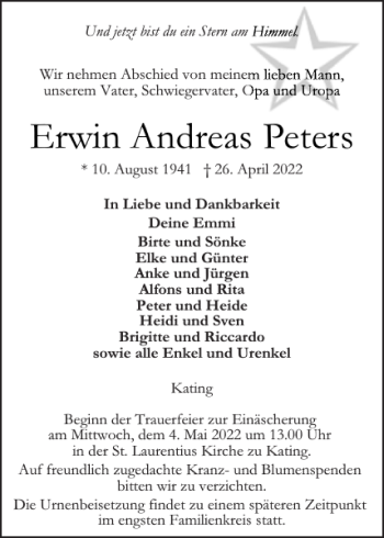 Traueranzeige von Erwin Andreas Peters von Husumer Nachrichten
