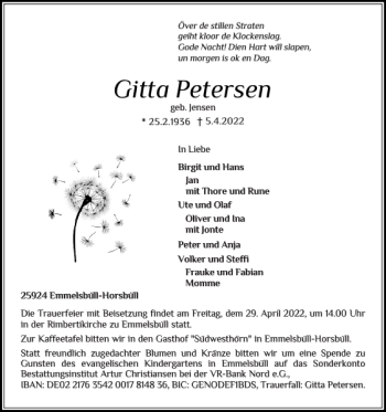 Traueranzeige von Gitta Petersen von Nordfriesland Tageblatt