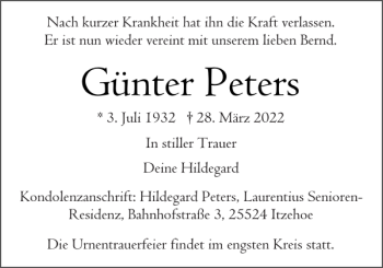 Traueranzeige von Günter Peters von Norddeutsche Rundschau