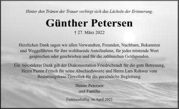 Traueranzeige von Günther Petersen von Husumer Nachrichten