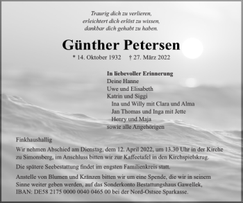 Traueranzeige von Günther Petersen von Husumer Nachrichten