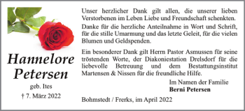 Traueranzeige von Hannelore Petersen von Husumer Nachrichten