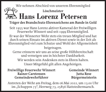 Traueranzeige von Hans Lorenz Petersen von Husumer Nachrichten