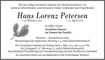 Traueranzeige von Hans Lorenz Petersen von Husumer Nachrichten