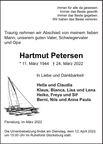 Traueranzeige von Hartmut Petersen von Flensburger Tageblatt