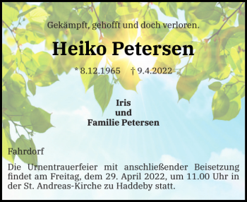 Traueranzeige von Heiko Petersen von Schleswiger Nachrichten