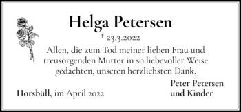 Traueranzeige von Helga Petersen von Nordfriesland Tageblatt