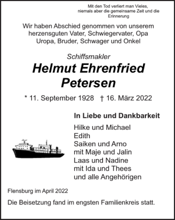 Traueranzeige von Helmut Ehrenfried Petersen von Flensburger Tageblatt