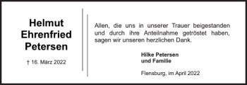 Traueranzeige von Helmut Ehrenfried Petersen von Flensburger Tageblatt