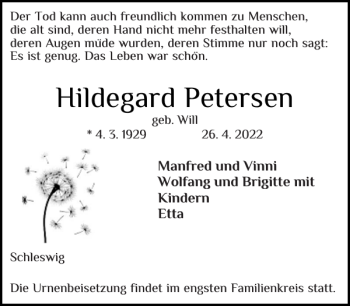 Traueranzeige von Hildegard Petersen von Schleswiger Nachrichten
