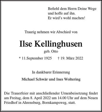 Traueranzeige von Ilse Kellinghusen von Stormarner Tageblatt