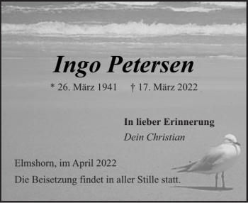 Traueranzeige von Ingo Petersen von Elmshorner Nachrichten