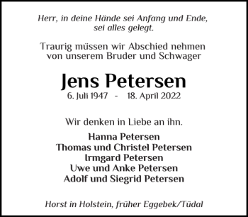 Traueranzeige von Jens Petersen von Flensburger Tageblatt