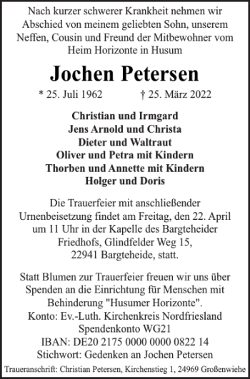 Traueranzeige von Jochen Petersen von Flensburger Tageblatt
