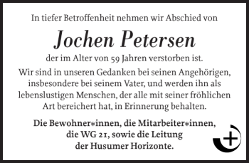 Traueranzeige von Jochen Petersen von Husumer Nachrichten