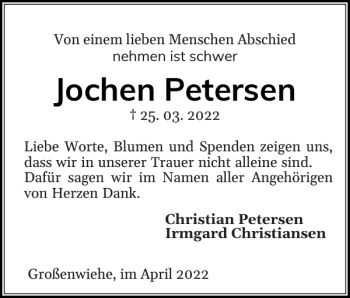 Traueranzeige von Jochen Petersen von Flensburger Tageblatt
