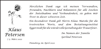Traueranzeige von Klaus Petersen von Pinneberger Tageblatt