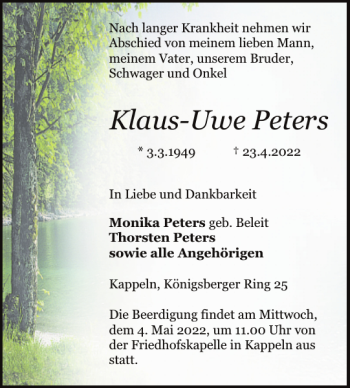 Traueranzeige von Klaus-Uwe Peters von Schlei-Bote