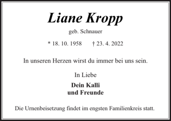 Traueranzeige von Liane Kropp von Stormarner Tageblatt
