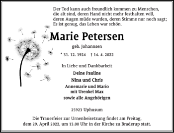 Traueranzeige von Marie Petersen von Nordfriesland Tageblatt