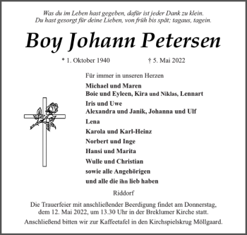 Traueranzeige von Boy Johann Petersen von Husumer Nachrichten