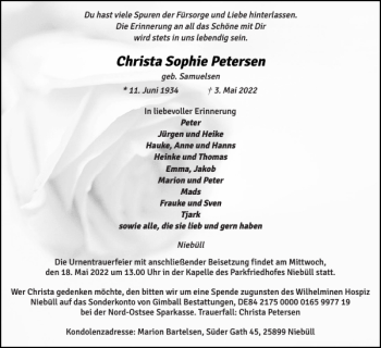 Traueranzeige von Christa Sophie Petersen von Husumer Nachrichten
