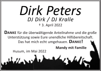 Traueranzeige von Dirk Peters von Husumer Nachrichten