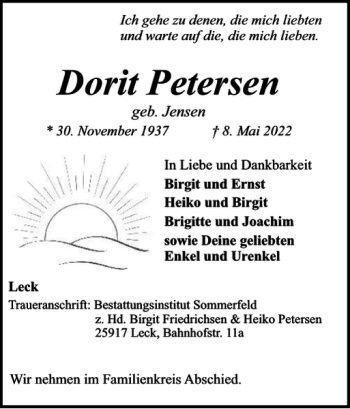 Traueranzeige von Dorit Petersen von Nordfriesland Tageblatt