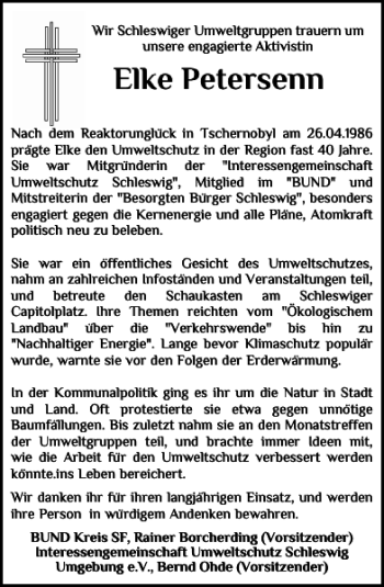 Traueranzeige von Elke Petersenn von Schleswiger Nachrichten