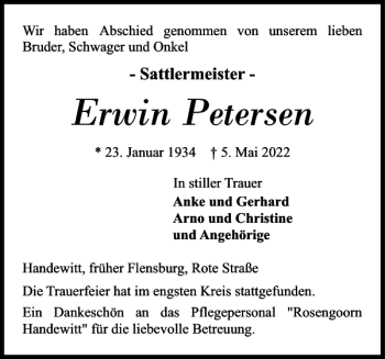 Traueranzeige von Erwin Petersen von Flensburger Tageblatt