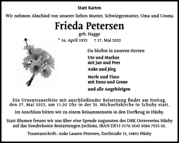 Traueranzeige von Frieda Petersen von Schleswiger Nachrichten