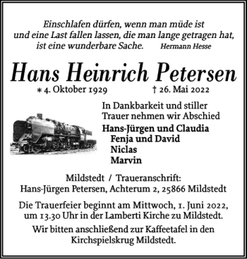 Traueranzeige von Hans Heinrich Petersen von Husumer Nachrichten