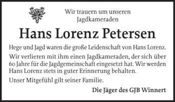 Traueranzeige von Hans Lorenz Petersen von Husumer Nachrichten