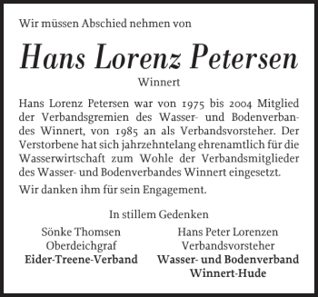 Traueranzeige von Hans Lorenz Petersen von Husumer Nachrichten