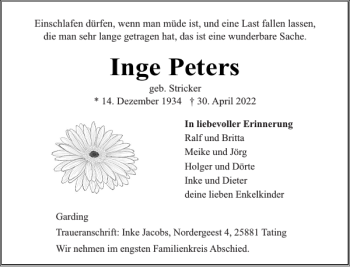 Traueranzeige von Inge Peters von Husumer Nachrichten