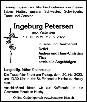 Traueranzeige von Ingeburg Petersen von Flensburger Tageblatt