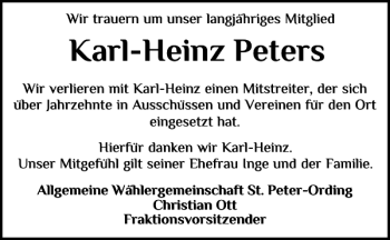 Traueranzeige von Karl-Heinz Peters von Husumer Nachrichten