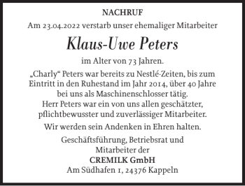 Traueranzeige von Klaus-Uwe Peters von Schlei-Bote