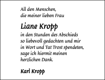 Traueranzeige von Liane Kropp von Stormarner Tageblatt